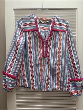 Boden Striped Peasant Blouse with Pink Fringe